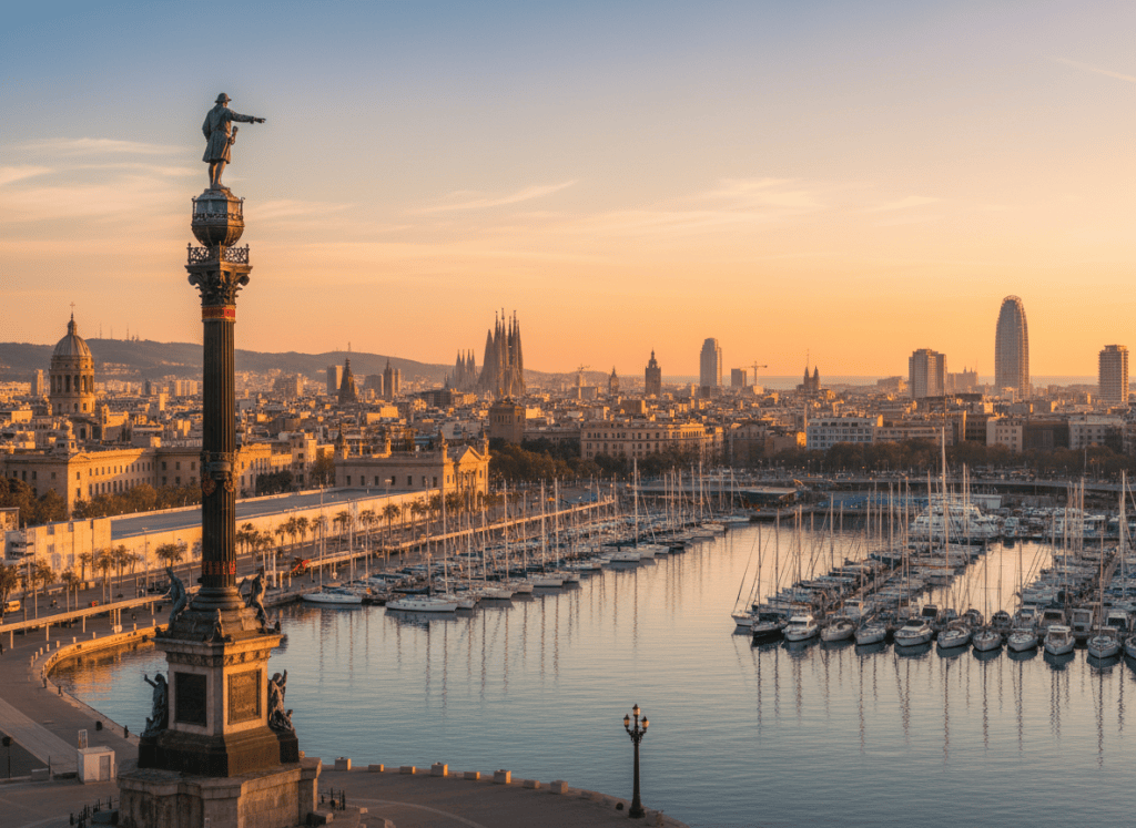 Puerto de Barcelona con el monumento a Colón al atardecer
