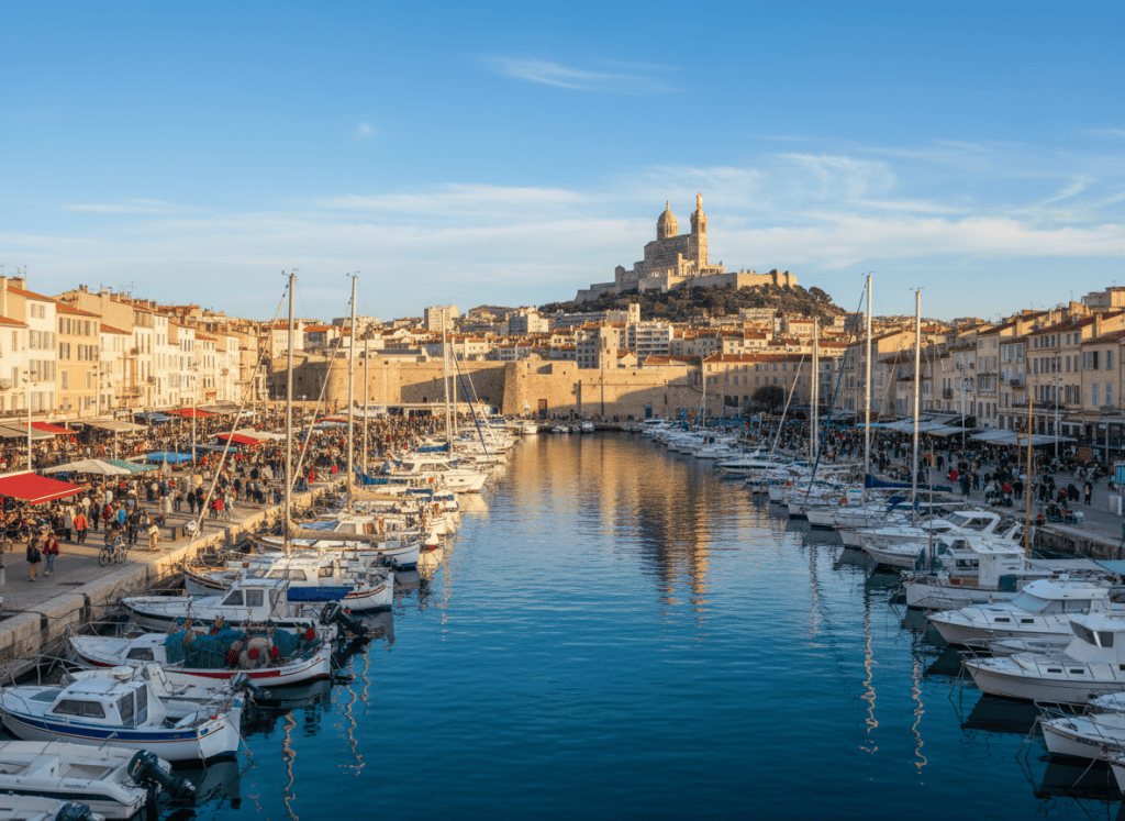Puerto Viejo de Marsella con la basílica de Notre-Dame de la Garde al fondo