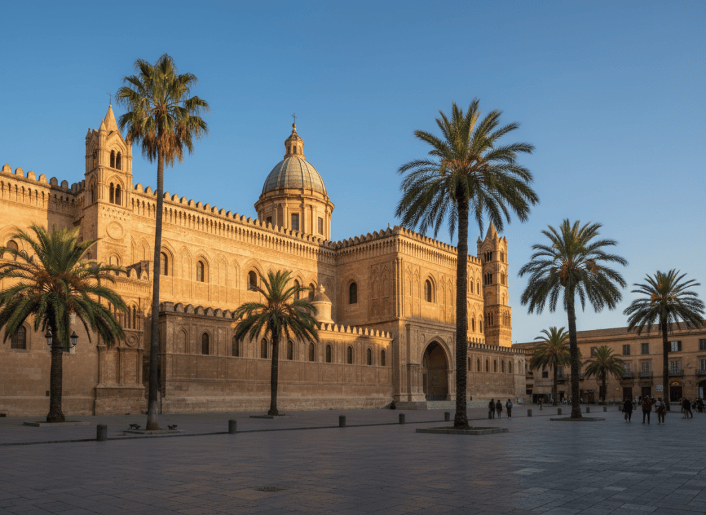 Catedral de Palermo con palmeras bajo el cielo azul