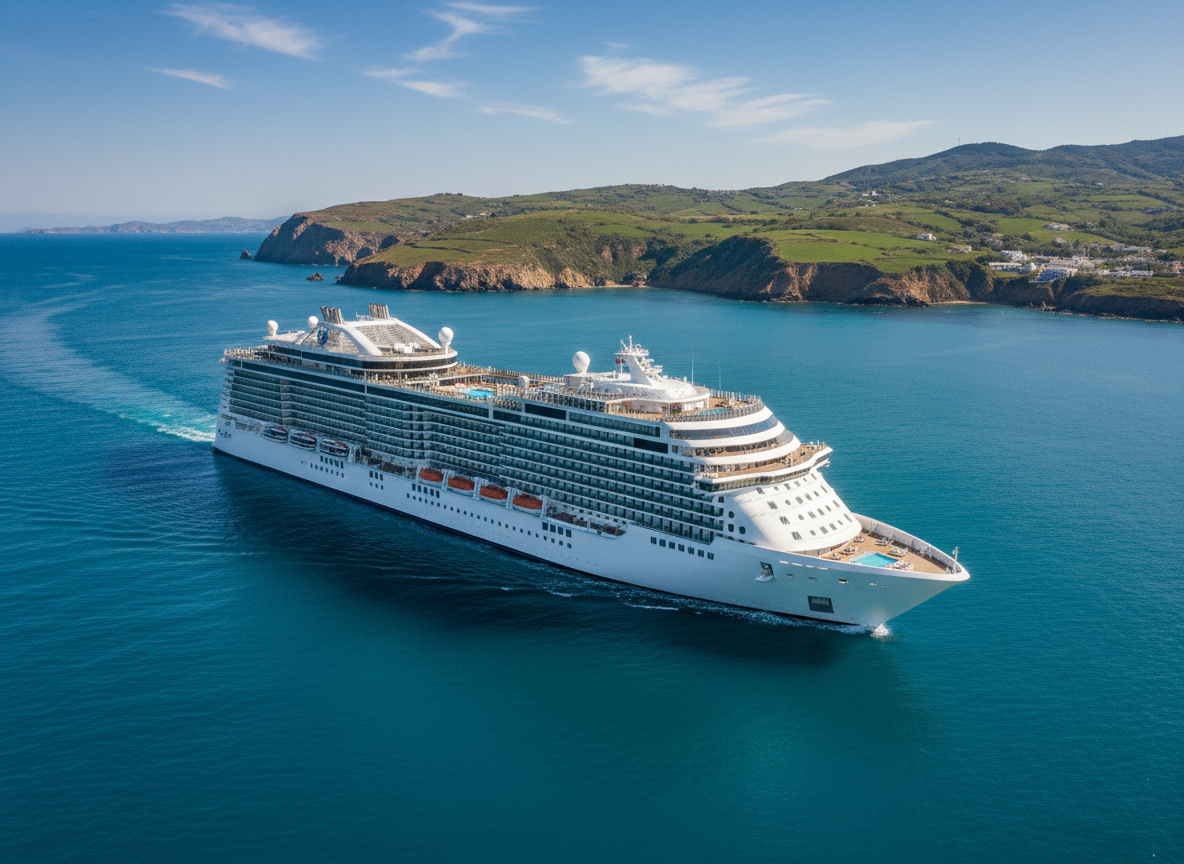 Gran crucero blanco navegando por un mar turquesa junto a la costa