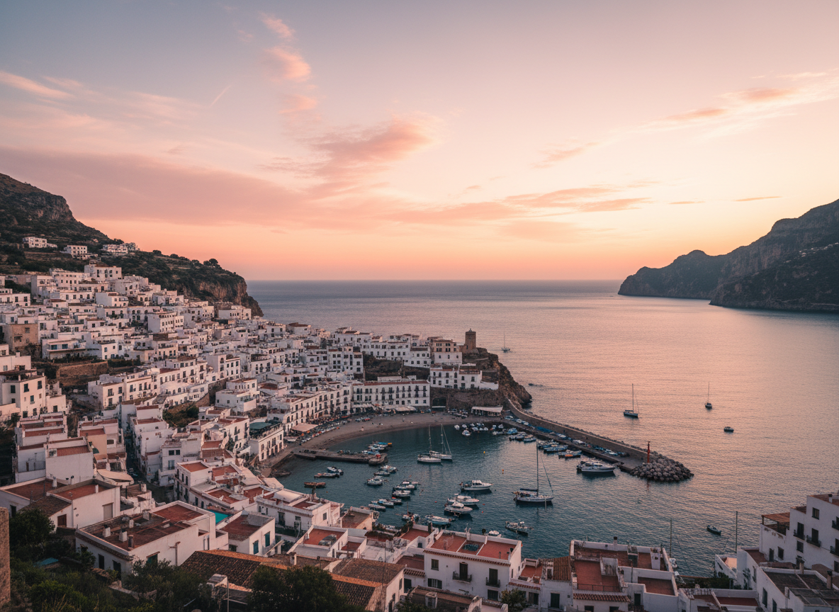 Pueblo costero mediterráneo de casas blancas al atardecer